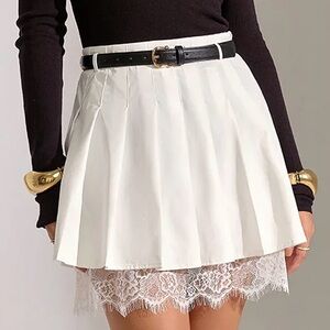Commense White Pleated Mini Skirt Lace Trim Lined Belted NWT Large
